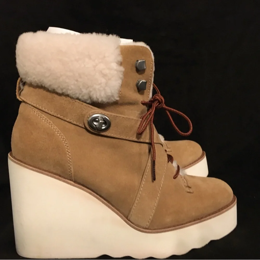 Coach Kenna Camel Wedge Booties 7.5